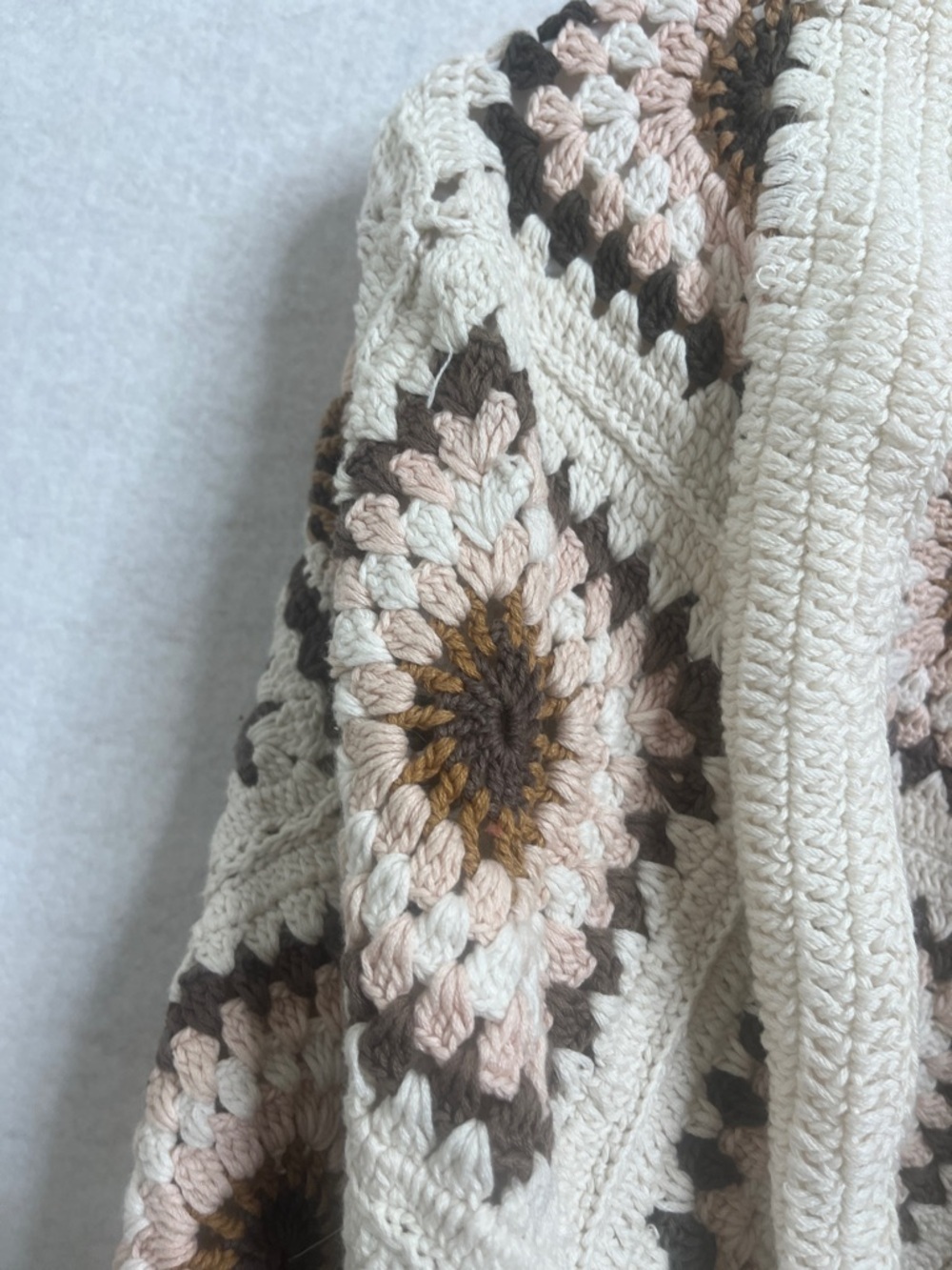 Boho Crochet Open-Front Sweater Cardigan - Cream and Brown - Picture 4 of 4